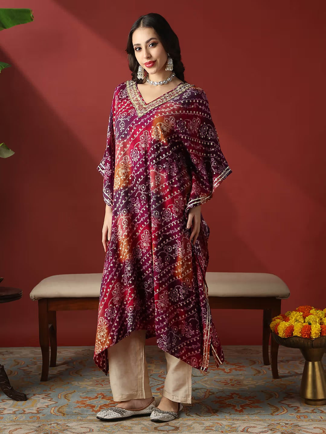Women Purple Embroidered Ethnic Printed Gotta Patti Kaftan Kurta