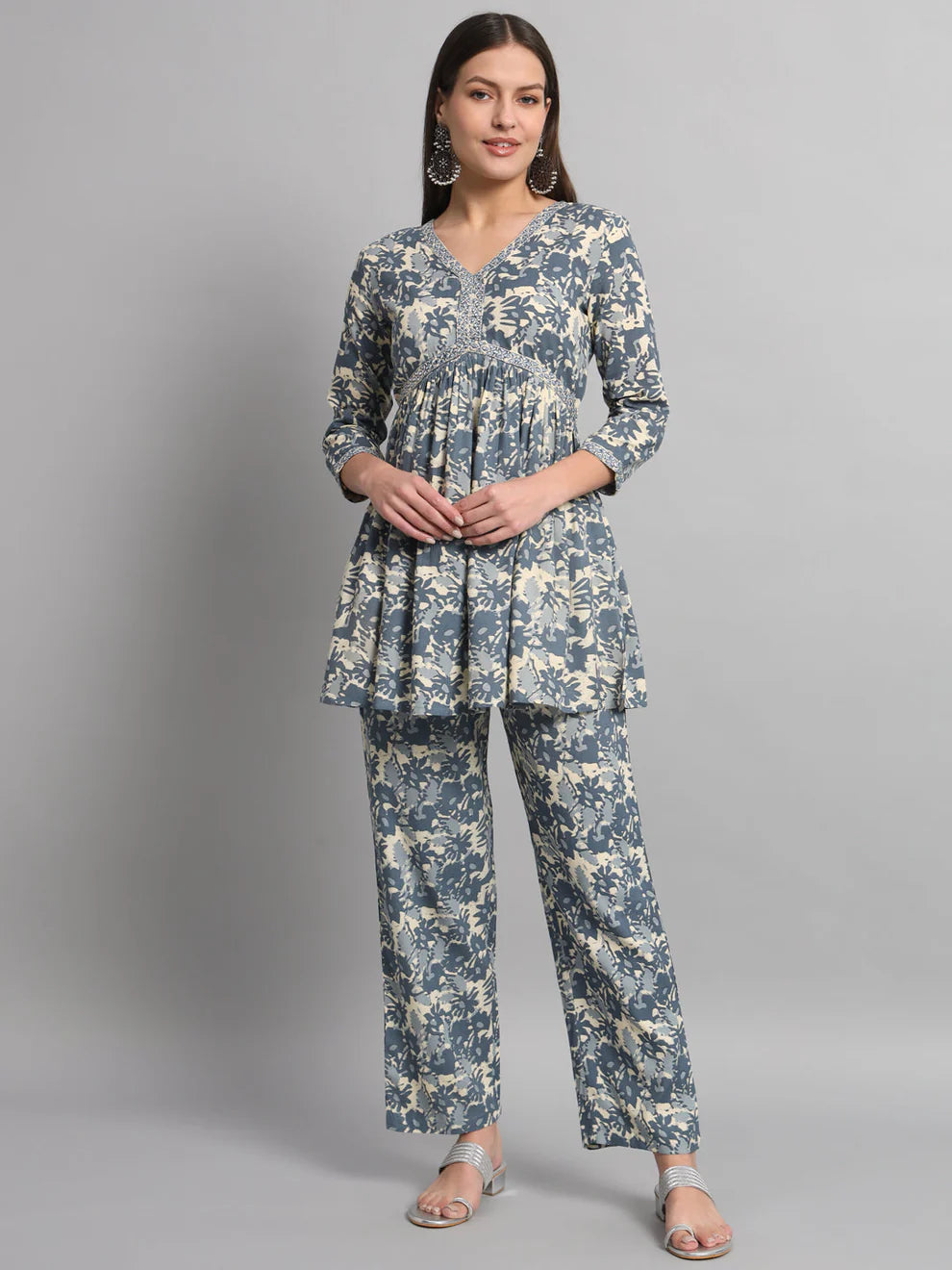 Rayon Embroiderd Flared Straight Fit Cord Set With Trouser
