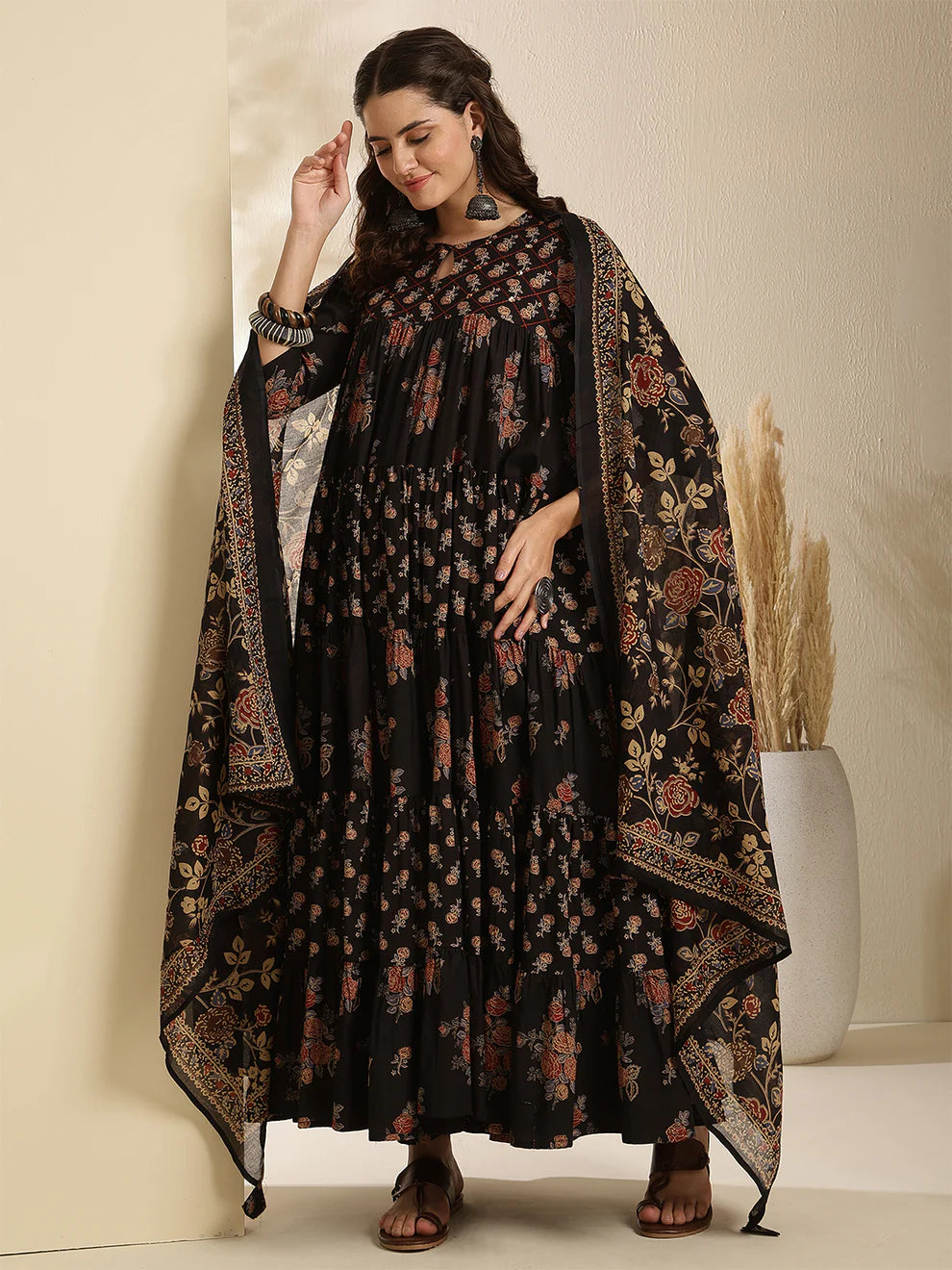 Cotton Calf Length Printed 3/4 Sleeve Key Hole Neck Tiered Kurta Bottom With Dupatta