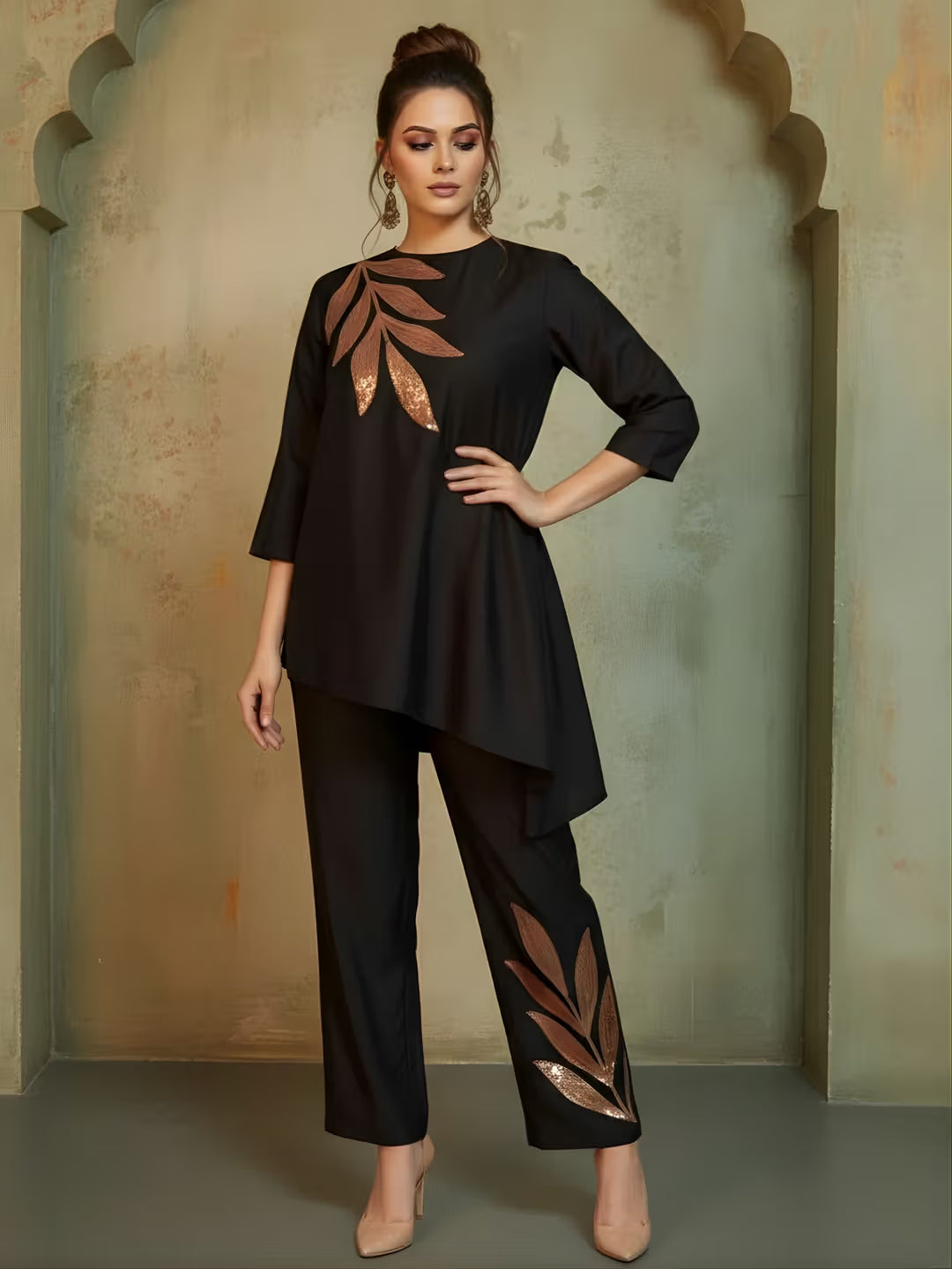 Black Embellished Crew Neck Co-Ord Set