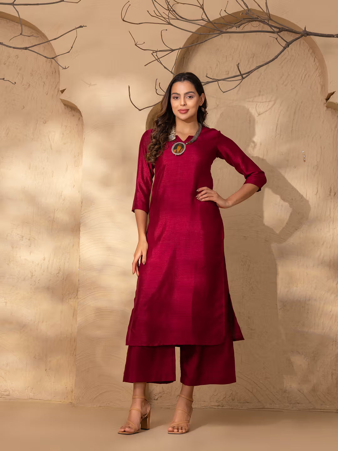 Maroon Straight Kurta with Flared Palazzo