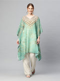 Women Printed V-Neck Flared Sleeves Beach Wear Green Kaftan