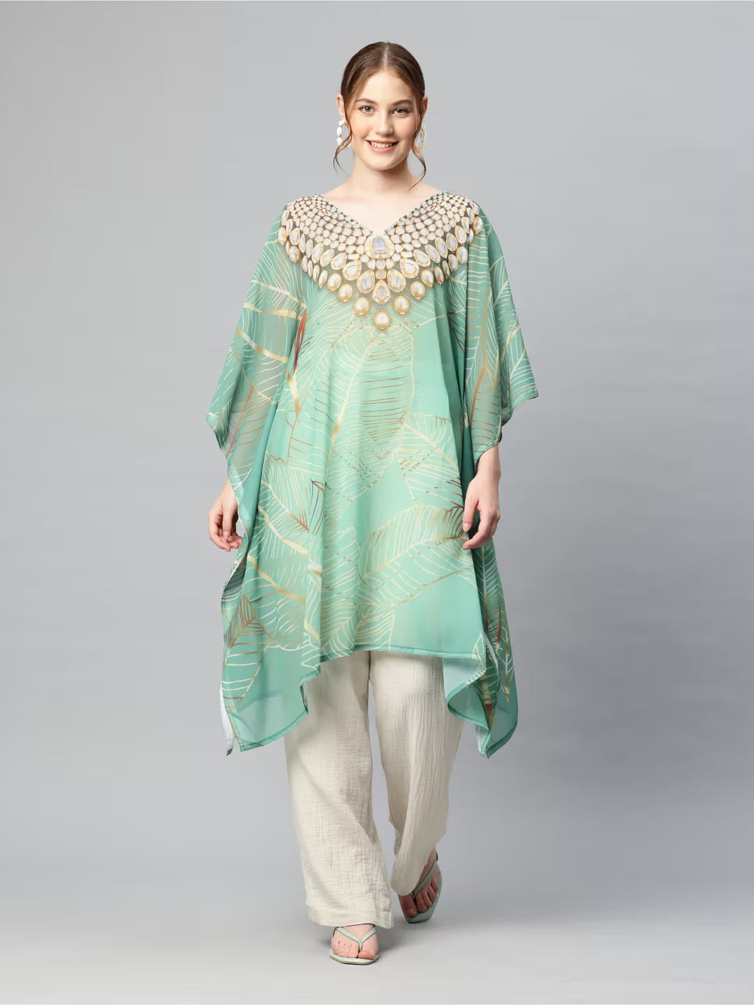 Women Printed V-Neck Flared Sleeves Beach Wear Green Kaftan