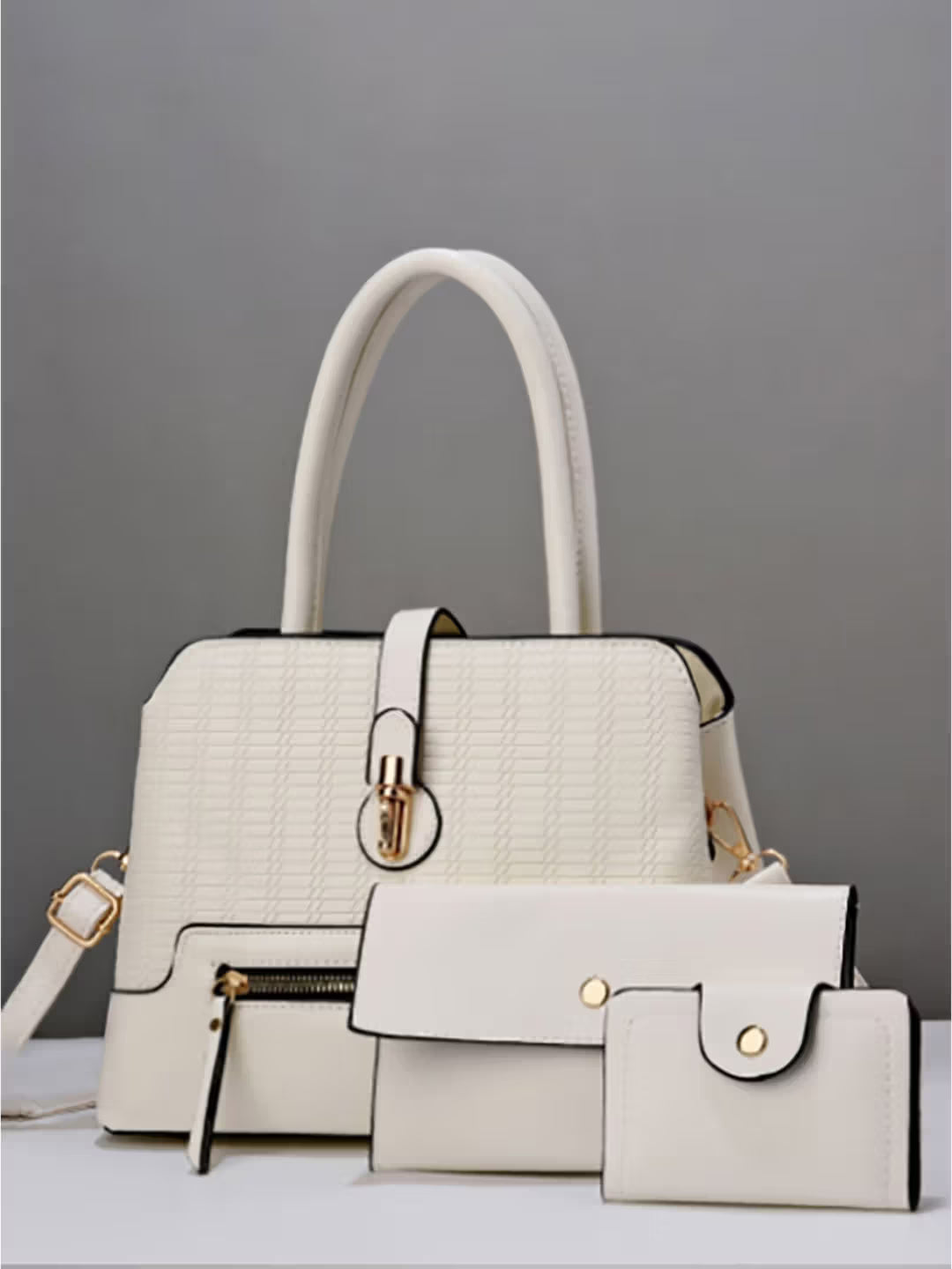 Styli Women's White Textured Handbag, Clutch Wallet & Card Case (Set of 4)