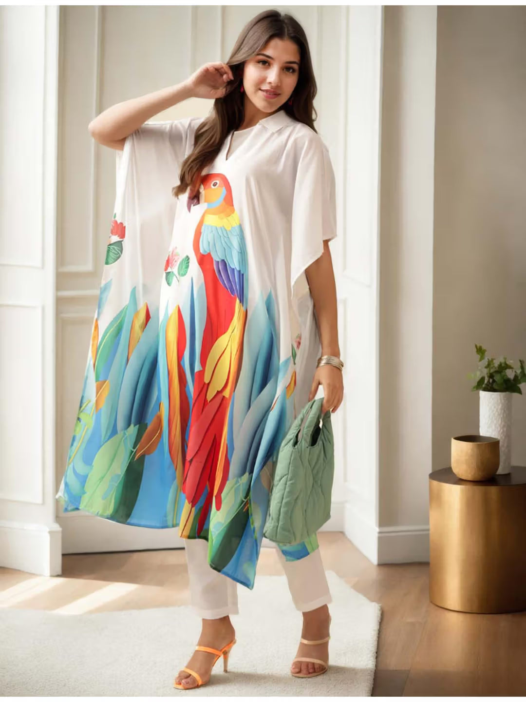 Cotton Blend Animal Printed White Kaftan Style Co-Ord (Set of 2)