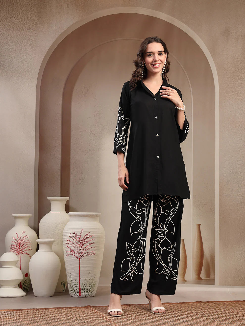 Black Solid & Embroidered Rayon Co-Ord Set