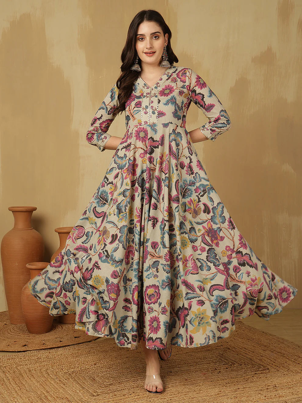 Ankle Length V-Neck Tiered Kurta