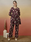 Women Cotton Printed Round Neck Co-Ord Sets With Trousers