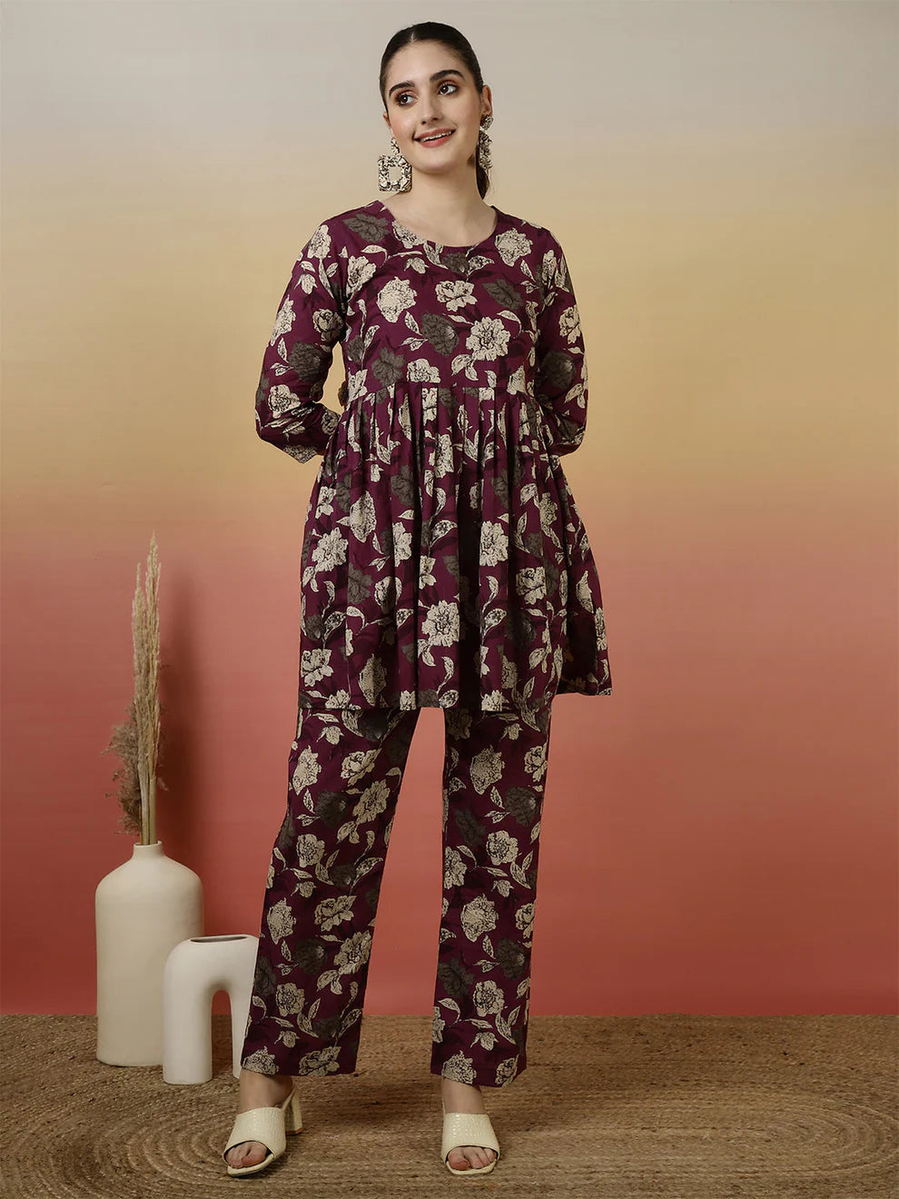 Women Cotton Printed Round Neck Co-Ord Sets With Trousers