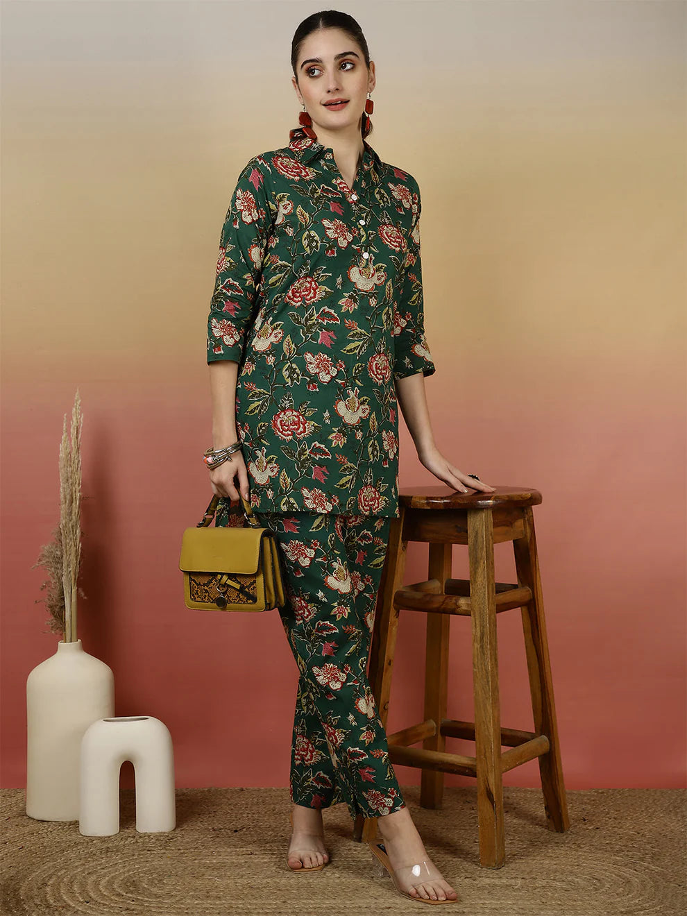 Women Cotton Printed Collar Neck Co-Ord Sets With Trousers