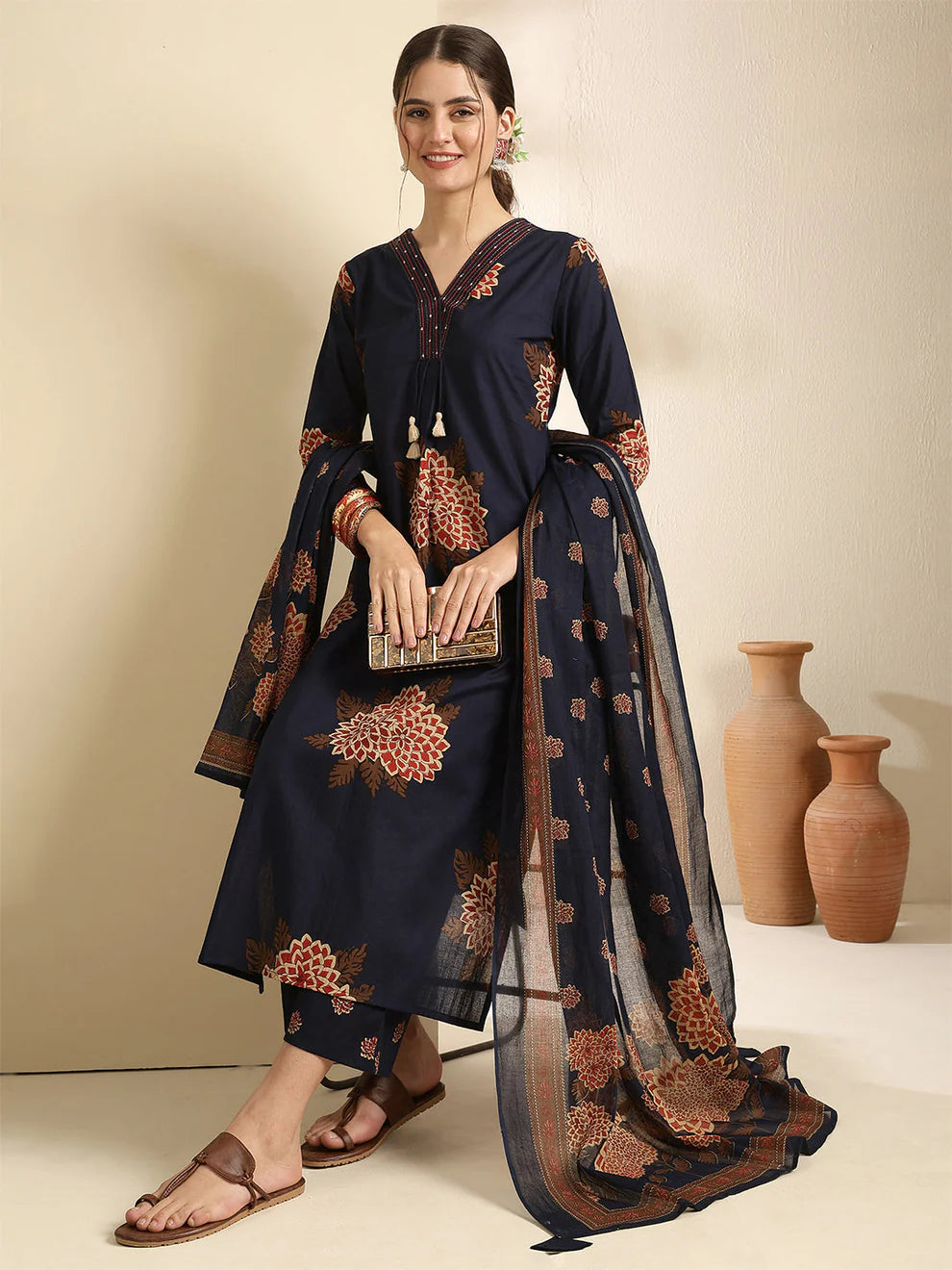 Cotton Calf Length Printed Three-Quarter Sleeves V-Neck Straight Kurta Bottom With Dupatta
