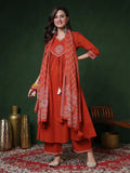 Rayon Calf Length Solid 3/4 Sleeves V-Neck Semi-Flared Kurta Suit Set With Dupatta Regular