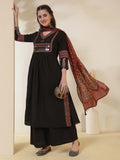Rayon Calf Length Solid 3/4 Sleeves V-Neck Semi-Flared Kurta Suit Set With Dupatta