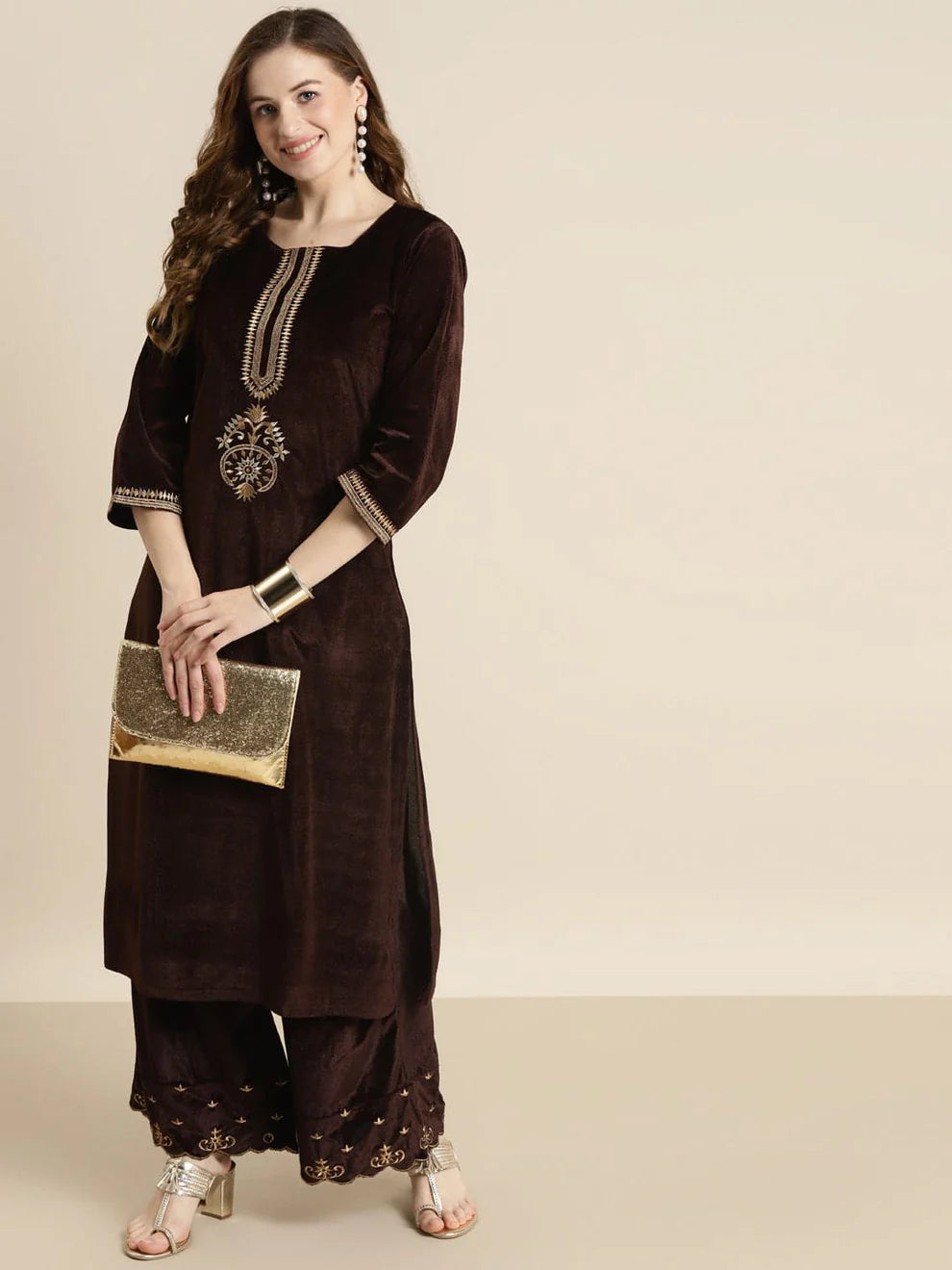Brown Velvet Zari Embroidered Straight Kurta Shkur00207 1018 At 050223 Brwn