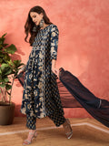 Women Navy Floral Anarkali Kurta With Pencil Pants & Dupatta