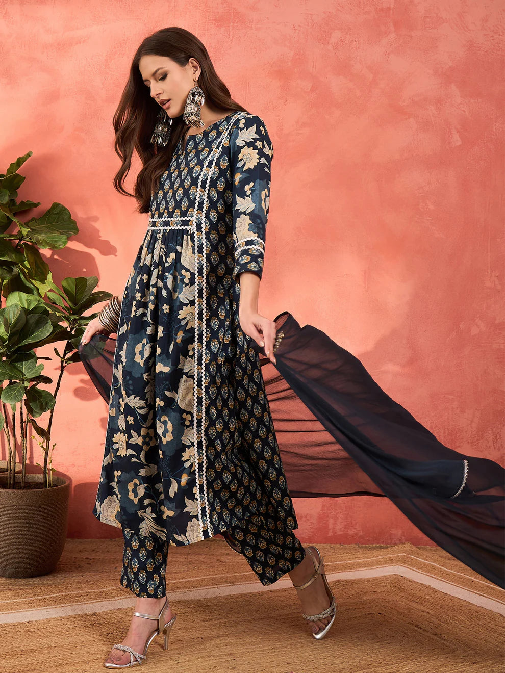 Women Navy Floral Anarkali Kurta With Pencil Pants & Dupatta
