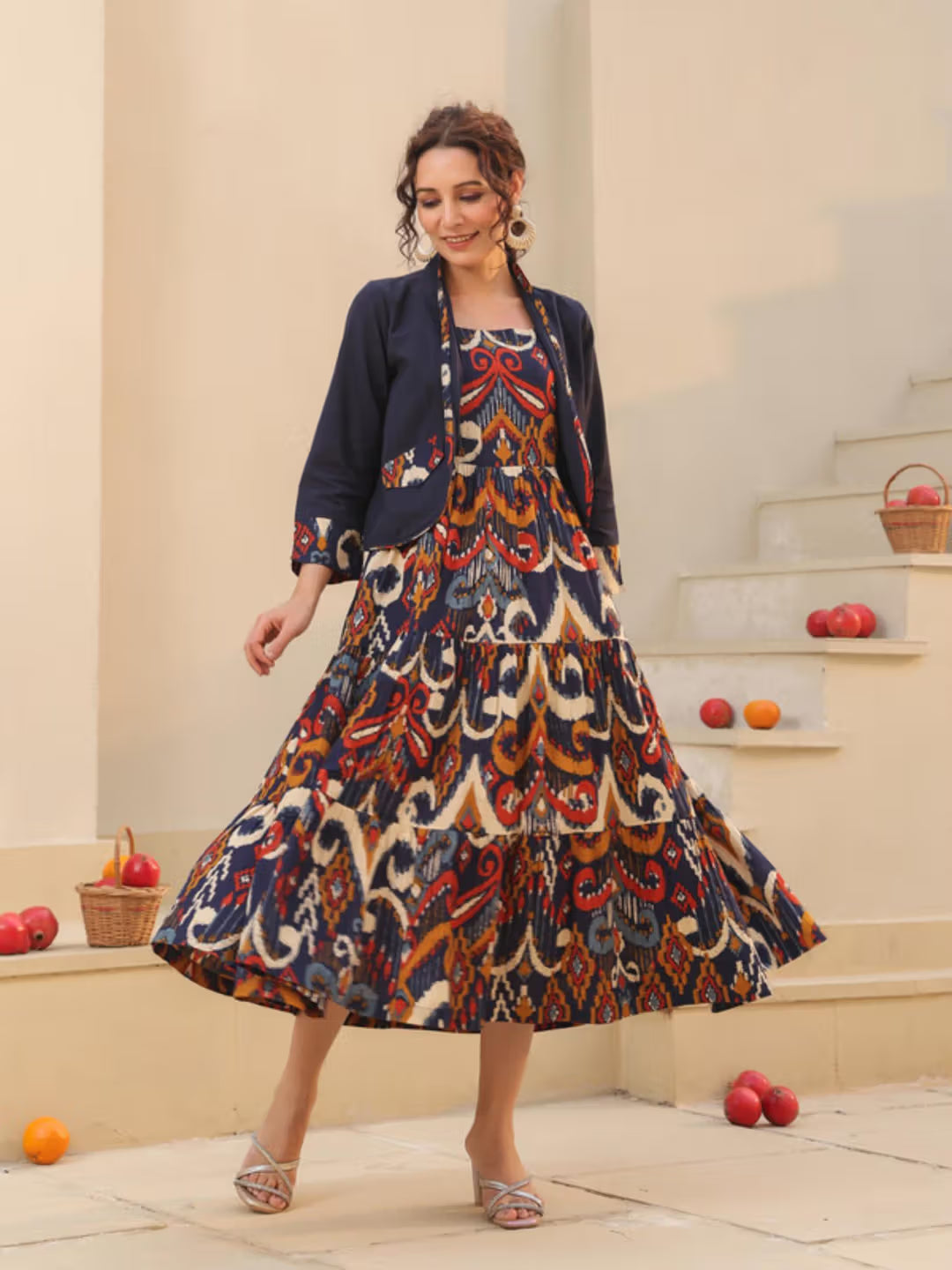 Women Ethnic Motifs Pure Cotton Fit & Flare Midi Dress with Jacket (Set of 2)